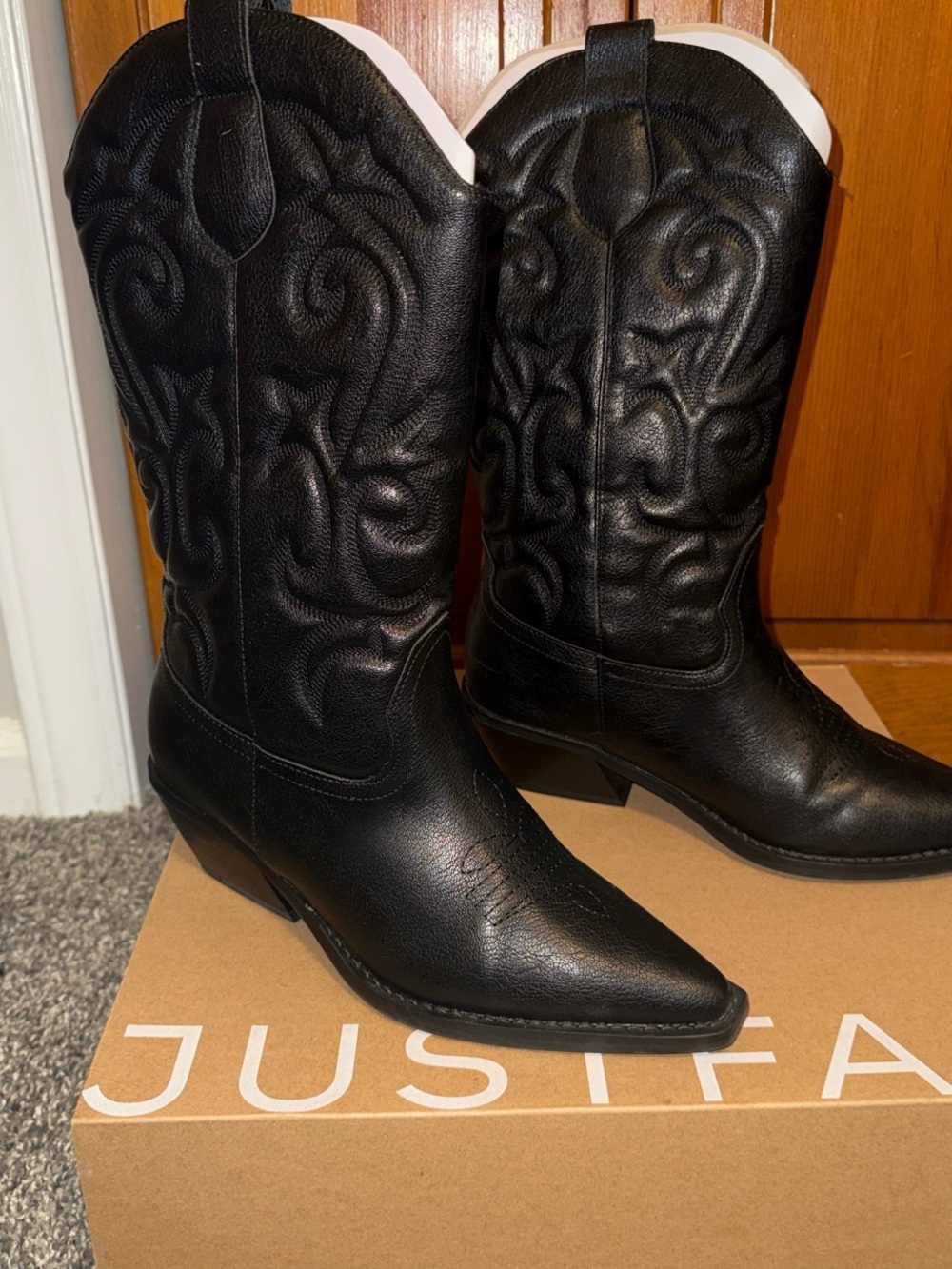 JustFab Black Embroidered Western Heeled Boots